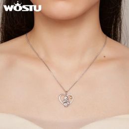 WOSTU 925 Sterling Silver Love Footprint Necklace Mother-child Heart-shape Pendant Chain for Women Fine Jewellery Mother Wife Gift