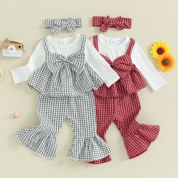 Trousers ma&baby 324M Christmas Newborn infant Baby Girl Clothes Set Fall Outfit Plaid Bowknot Long Sleeve Tops Flare Pants Headband d05