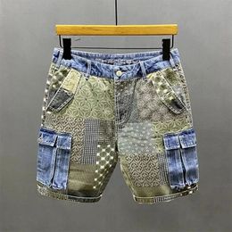 Summer Cargo Denim Shorts Mens Irregular Splicing Printed Personality Five Points Flower Pants Streetwear Jeans Hombre 240411