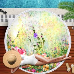 Large Round Colourful Flower Printed Beach Towel Diameter 150cm Microfiber Blanket With Tassel Fringe Yoga Mat For Adult