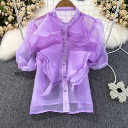 Women Sexy See Through Beautiful Blouses 2023 Summe Short Sleeve Organza Ruff Shirts Female Shirts and Blouse Top Free Clothing