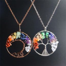 7 Chakra Quartz Natural Stone Tree of Life Pendulum Pendant for Women Handmade Healing Crystal Jade Heart Necklace Reiki Jewellery