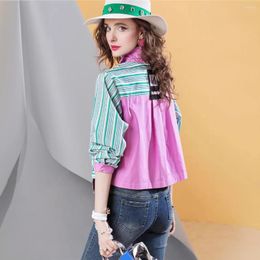 Women's Blouses Spring Vertical Stripe Long-sleeved Shirt Short Contrast Colour Stitching Loose Casual Blous Top For Women
