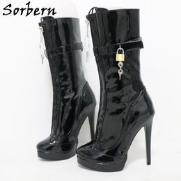 Sorbern Unisex High Ankle Boots Women Straps With Locks Visible Platform High Heels 25Cm Shaft Height Lockable Front Zipper Boot