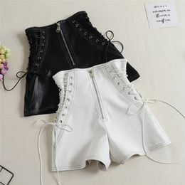 Autumn Women PU Shorts Tie Bow Bandage High Waist Casual White Black Leather Ladies All Match Wide Leg 240407