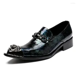 Dress Shoes Brand Business Banquet Formal Men Genuine Leather Metal Toes Block Heels Wedding Party Luxury Loafers Footwear