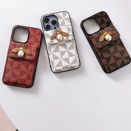 Luxury Card Bag Pearl Inlaid Bee Phone Cover Case For Iphone 15 14 13 12 11 Pro Xs Max Xr X 7 8 Plus Se Pu Leather Coque Fundas