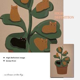 Cat with Plants Canvas Prints Painting Posters Abstract Cat Modern Nordic Wall Pictures Art for Kids Room Bedroom Home Decor
