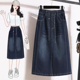 Skirts Stretch A Line Denim Woman Chain Split Elastic Waist Loose Casual Patchwork Classic Calf Length Skirt Female OL Mujer