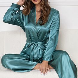 Women Pajamas Pour Femme Deep V-Neck Sleepwear With Trousers Satin Nightgown Casual Home Clothes Sexy Nightwear Lingerie