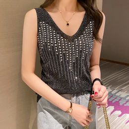 New Hot Diamond Loose Medium Length Ice Silk Knitted Strap Tank Top for Women With V-neck Outer Wear And Inner Laydown Tops