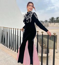 Party Dresses Black Evening Mermaid Prom For Women High Collar Rhinestone Long Sleeves Cocktail Gowns