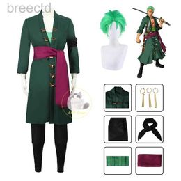 Anime Costumes Anime Roronoa Zoro Cosplay Costume Uniform Green Coat Belt Pants Head Scarf Roronoa Zoro Wig Earrings Halloween Men Clothes 240411