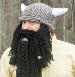 Men039s Handmade Knit Long Beard Viking Horn Hat Funny Crazy Ski Cap Barbarian Cool Beanie Cap Mask Halloween Holiday Party Gif9788568