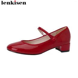 Dress Shoes Lenkisen Patent Leather Shallow Red Mary Janes Big Size Round Toe Chunky Heels Spring Autumn Ins Wedding Women Pumps