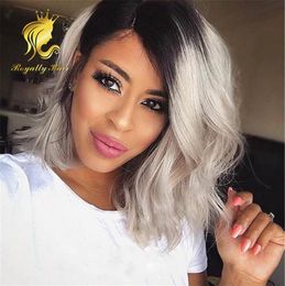 Grey Wig Full LACE Wig Ombre Black to GREY 2 Tone Wavy Wig for Black Woman2281138