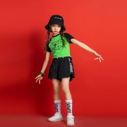 Summer Hip Hop Clothing for Kids Black Green Letter Print T Shirt Crop Top White Shorts for Girl Jazz Dance Costume Stage Wear
