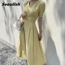 Party Dresses Seoulish 2024 Stain Single Breated Long Shirts Vintage V-Neck Short Sleeve High Waist Straight Female Dress Summer