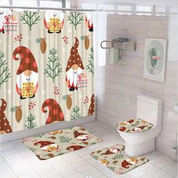 Shower Curtains 4Pcs Christmas Curtain Set With Non-Slip Rug Toilet Lid Cover Bath Mat Santa Claus Dwarf Gift Bathtubs 12 Hooks