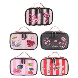 Women's PU Makeup Tools Storage Bag Striped Love Lip Print Handheld Portable Storage Bag Travel Waterproof Wash Bag