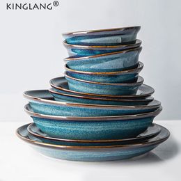 Kinglang 1pcs Nowy niebieski kolor Piękny ceramiczny miska pieca naczynie obiadowe hurtowy talerz i miska
