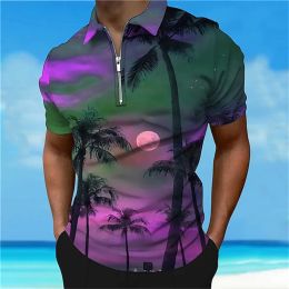 Men T-shirts Polo Shirt Golf Coconut Tree Collar Blue Outdoor Tops Street Short Sleeve Zipper Clothing Apparel Casual Summer New