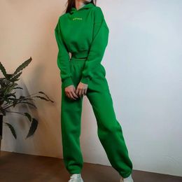 Women Hoodie Two Piece Sets Winter Casual Long Sleeve Oversize Sweatshirt Trouser Suits Solid Fleece Warm Tracksuit Sport Outfit