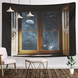 Tapestry Outside The Window Tapestries Sea Hippie Wall Hanging Starry Night Sky Moon Tapestries Psychedelic Cloth Carpet Ceiling R0411