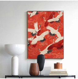 Japanese Animals Poster Black Red Crane Canvas Painting Abstract Asian Art Print Oriental Gift Wall Picture Living Bedroom Decor