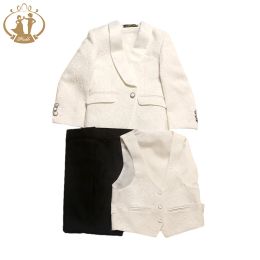 Trousers 2022 Spring Autumn Formal Beije Print Suit for Boys Children Party Host Wedding Costume Coat Vest Pants 3pcs Wholesale Clothing