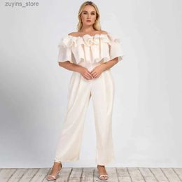 Basic Casual Dresses Plus Size Solid Ruffle Off Shoulder Jumpsuit Curvy Aesthetic Spring Fashion Women Jumpsuit Elegant High Waist Wide Leg Jumpsuits L49