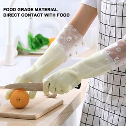 1 Pair Long Sleeves Household Gloves With Plush lining Reusable PVC Kitchen Waterproof Dishwashing Gloves Cleaning Tools
