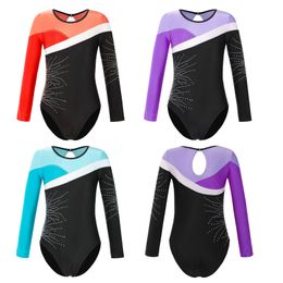 Kids Girls Ballet Dance Leotard Long Sleeve Shiny Rhinestone Hollow Back Gymnastics Workout Dance Leotards for Figure Skating