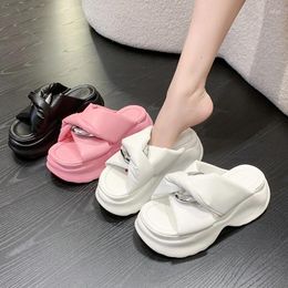 Slippers Shoes Woman 2024Female Luxury Slides Platform Med Soft Flat Designer Summer PU Rubber Casual Fashion Cross-tied