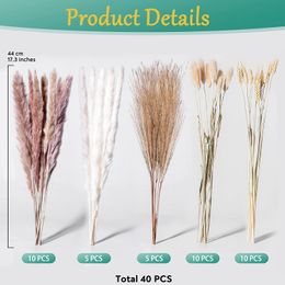 40pcs Natural Dried Pampas Grass For Home Decor Pampas Brown Bunny Tails Wheat Dust Plant Dried Flower Boho With Lavender Sache