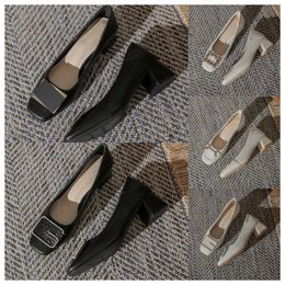 2024 Designer High square toe white womens fashionable middle heels soft soles thick heels and single shoes