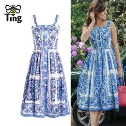 Casual Dresses Tingfly Vintage Fashion Button Decor Retro Floral Summer Strap Dress Women Street Chic Sundresses Vacation Clothings