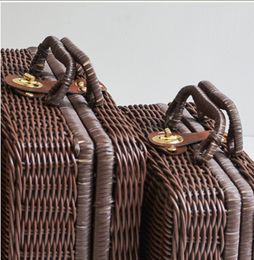 Vintage Rattan Woven Holder Suitcase Sundries Box Cute Wedding Gift Box Desktop Makeup Organizer Fruit Storage Basket