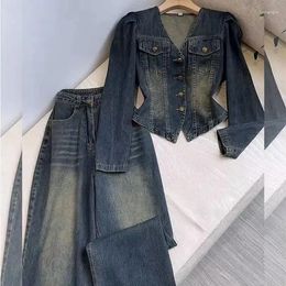 Women's Two Piece Pants V Neck Denim Coat Wide Leg Jeans Trousers 2 Sets Womens Outfits Y2k Suits Vintage Autumn Winter Jacket Loose