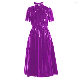 Casual Dresses Womens Elegant Empire Waist Cocktail Party Club Shiny PVC Leather A-line Pleated Ladies Long Dress Wetlook Solid Gown