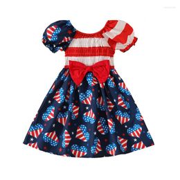 Girl Dresses Toddler Baby Girls 4th Of July Dress Puff Sleeve American Flag Sundress Star Print Bow Independence Day