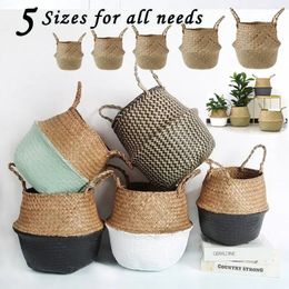 Handmade Woven Storage Basket Folding Clthoes Laundry Straw Wicker Rattan Seagrass Belly Garden Flower Pot Plant 240409