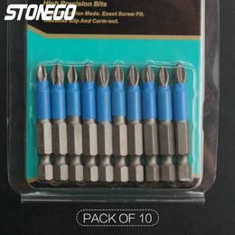 STONEGO 10Pcs Screwdriver Bits Set - 1/4" Hex Shank S2 Magnetic PH2 Cross Head - Anti-Slip Electric Tip - 50mm Driver Drill