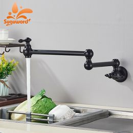 Pot Filler Kitchen Sink Faucet Double Joint Spout Folding Stretchable Swing Arm Wall Mount Brass Single Hole Two Handle Tap