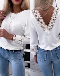 Women's Blouses 2024 Summer Blouse Tops Casual Daily Round Neck Long Sleeve Argyle Pattern Contrast Lace Hollow Out Backless Tee Top