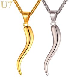 U7 Italian Horn Necklace Amulet Gold Color Stainless Steel Pendants & Chain For Men Women Gift Fashion Jewelry P1029291x