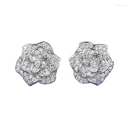 Stud Earrings S925 Silver Ear Studs Full Of Diamond Camellia Small Rose For Women's Exquisite And Versatile Jewellery