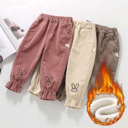 Trousers Baby Girl Pants Winter Plush Warm Rabbit Embroidery Solid Corduroy Elastic Waist Strap Versatile Pants