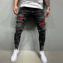 Men's Pants Fashion Mens Skinny Ripped Jeans Grid Beggar Patches Slim Fit Stretch Casual Denim Pencil Pants Painting Jogging Trousers Men J240409