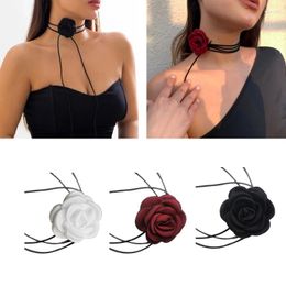 Choker Collarbone Chain Black Wax Rope Camellia Collar Wedding Halloween Jewellery